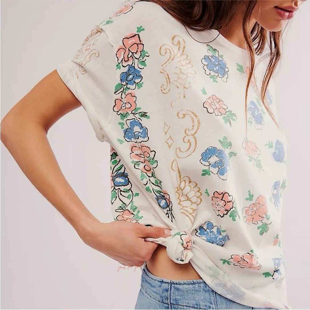 Free People Cream Floral Scroll Short Sleeve Tee